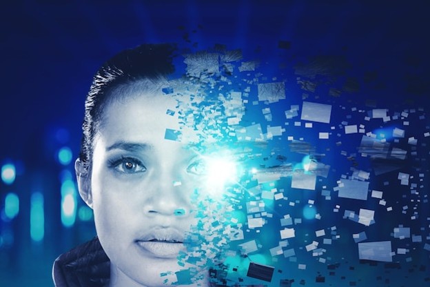 Person merging with AI-generated digital data, representing trust and authority in an AI-driven world.