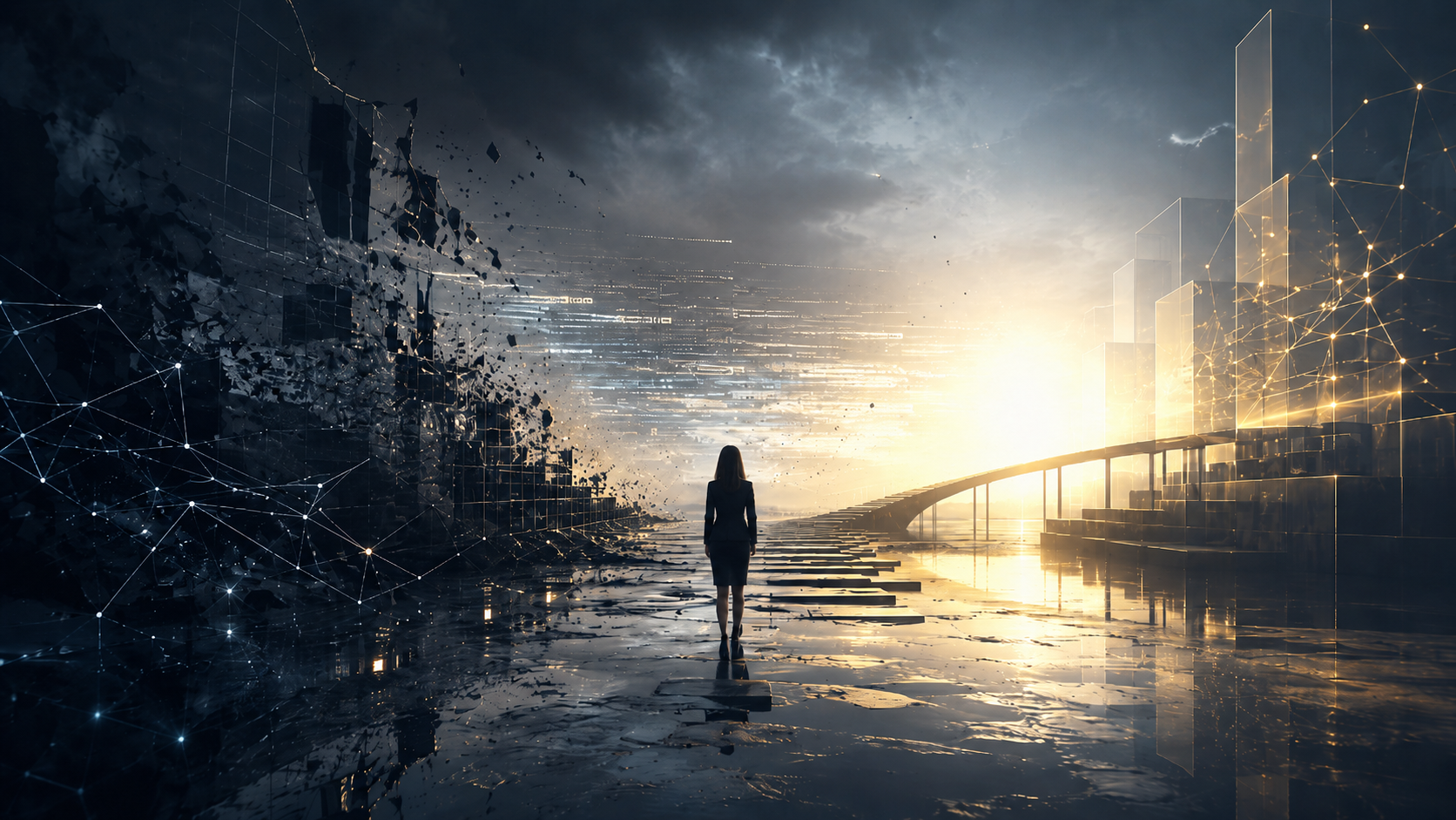 Woman walking from a shattered, dark landscape toward a bright sunrise, symbolizing reputation recovery and a new beginning.