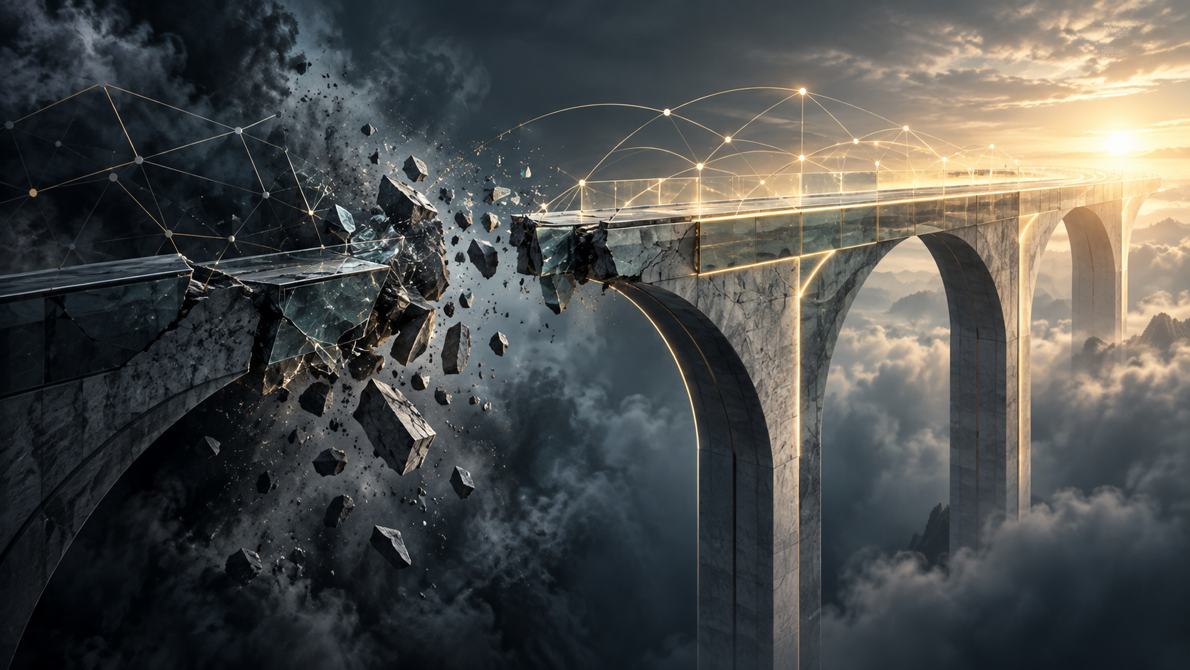 Reputation crisis and recovery represented by a fractured bridge rebuilding toward trust and resilience